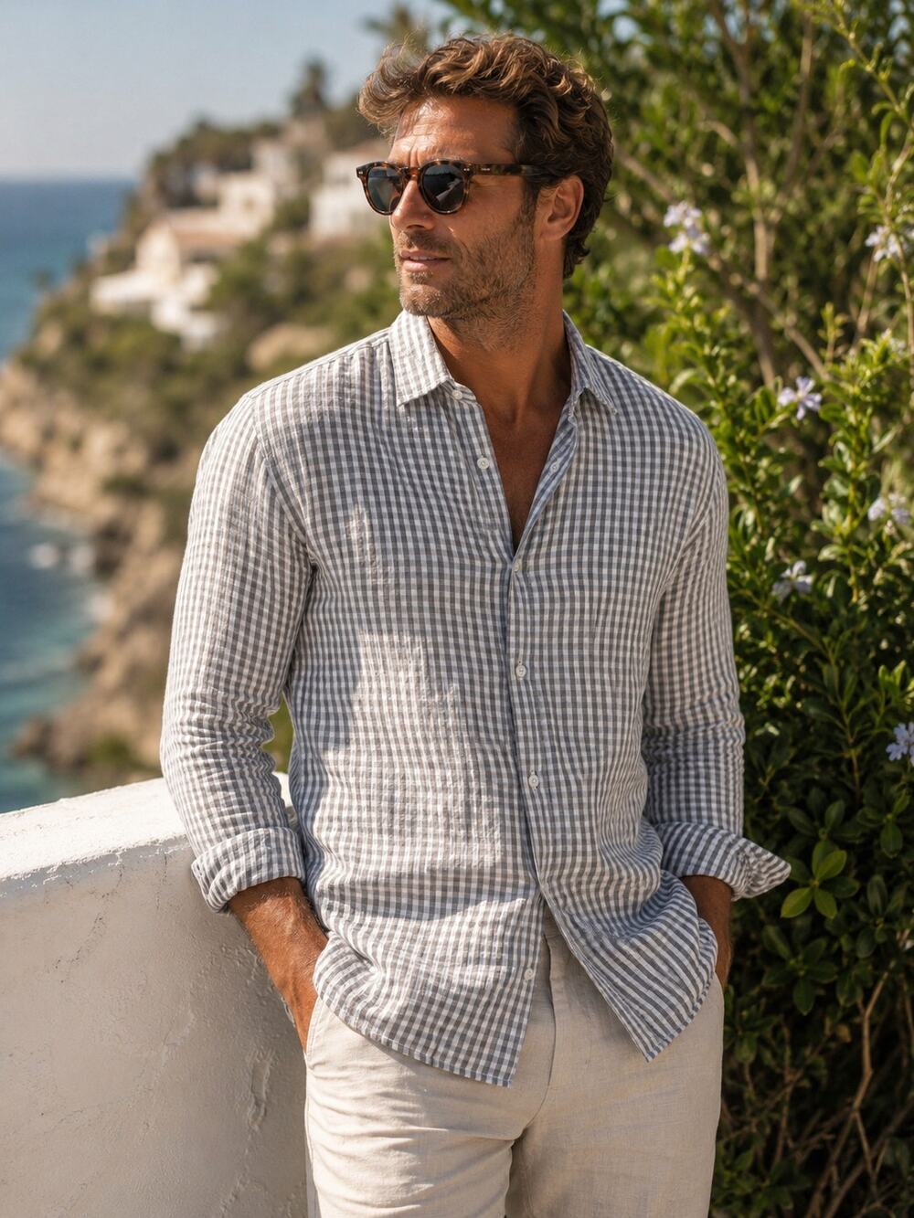 The Men's Store Bloomingdale's 100% Linen Shirt XL Gray Plaid Coastal Old Money